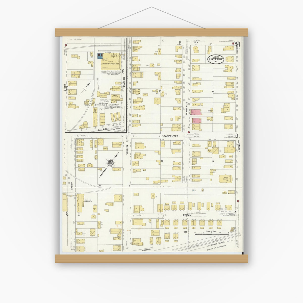 Old map wall art mockup — magnetic wood frame on white wall — Sanborn Fire Insurance Map from Luzerne, Luzerne County, Pennsylvania (1911), Sheet #0008