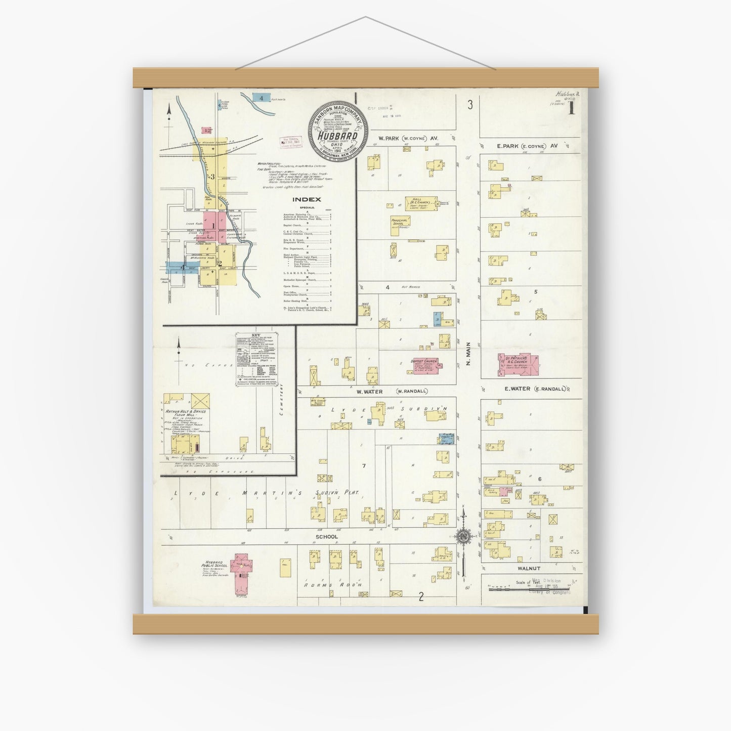 Old map wall art mockup — magnetic wood frame on white wall — Sanborn Fire Insurance Map from Hubbard, Trumbull County, Ohio (1911) - Complete Map Set