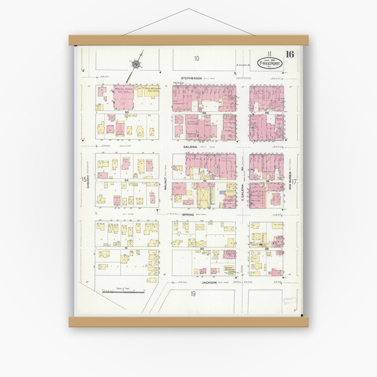 Old map wall art mockup — magnetic wood frame on white wall — Sanborn Fire Insurance Map from Freeport, Stephenson County, Illinois (1910), Sheet #0016