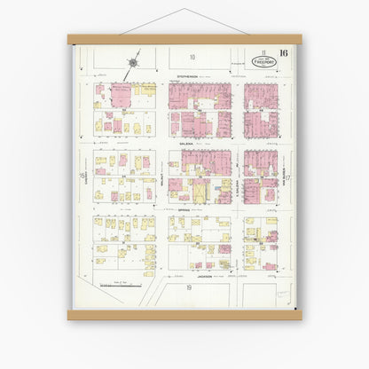 Old map wall art mockup — magnetic wood frame on white wall — Sanborn Fire Insurance Map from Freeport, Stephenson County, Illinois (1910), Sheet #0016