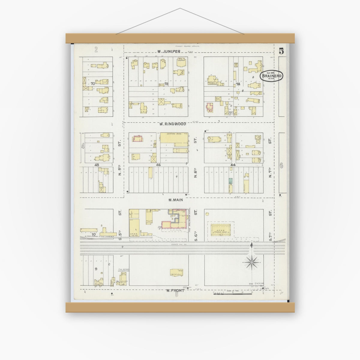 Old map wall art mockup — magnetic wood frame on white wall — Sanborn Fire Insurance Map from Brainerd, Crow Wing County, Minnesota (1892), Sheet #0005