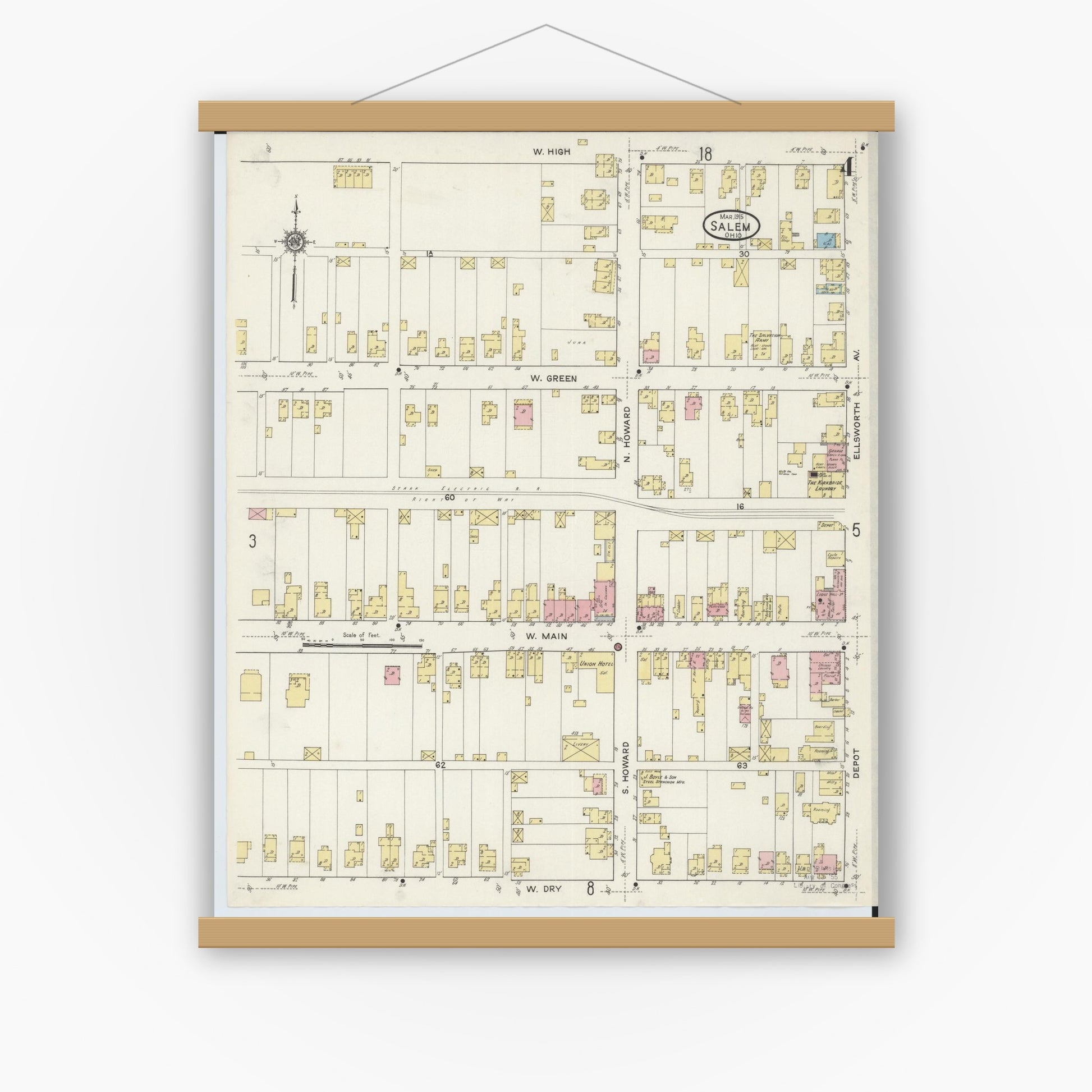 Old map wall art mockup — magnetic wood frame on white wall — Sanborn Fire Insurance Map from Salem, Columbiana County, Ohio (1915), Sheet #0004