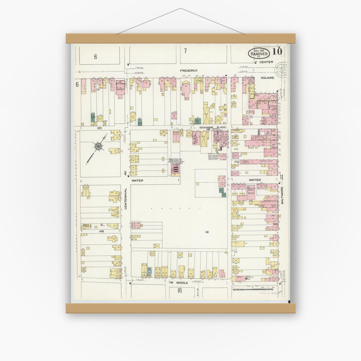 Old map wall art mockup — magnetic wood frame on white wall — Sanborn Fire Insurance Map from Hanover, York County, Pennsylvania (1909), Sheet #0010