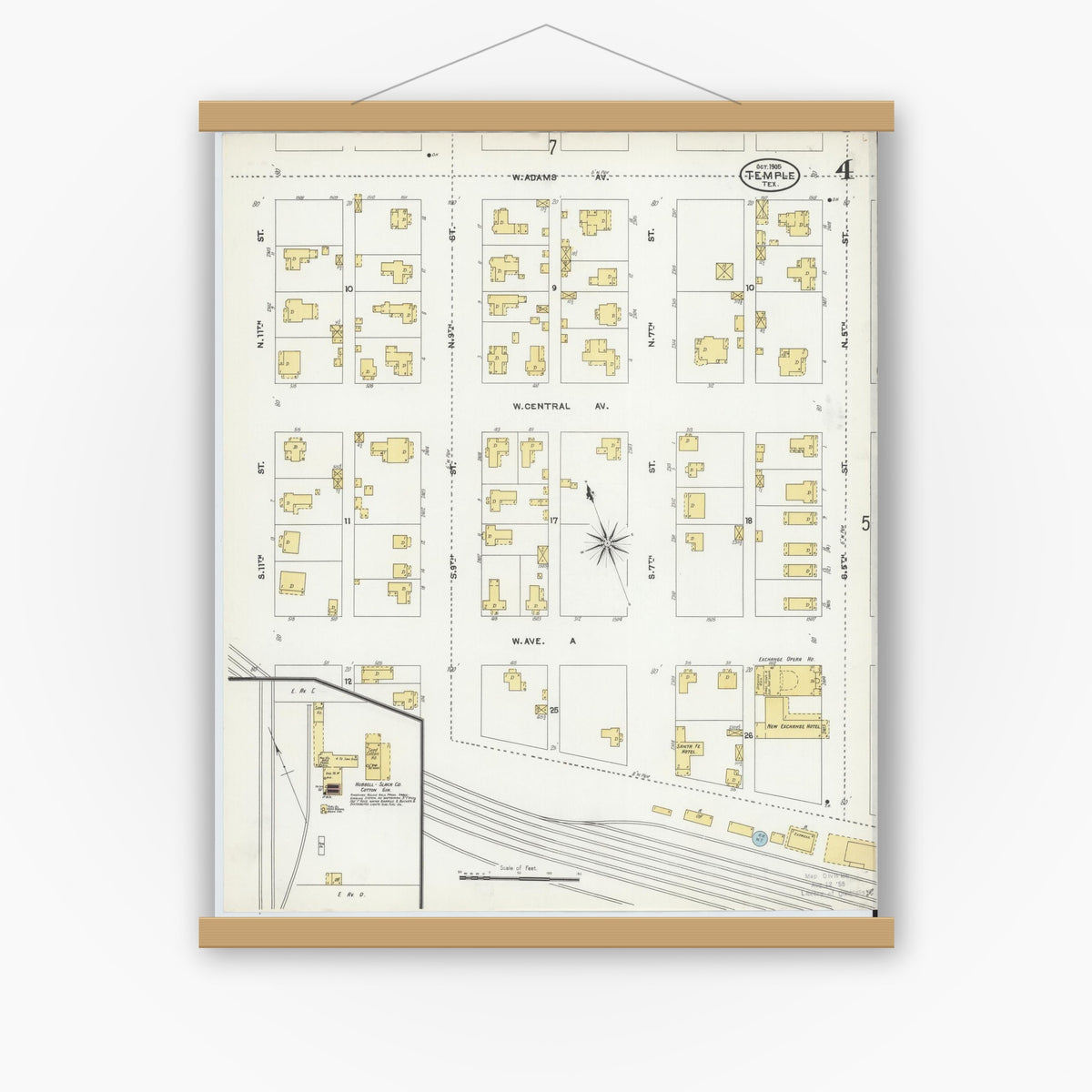 Old map wall art mockup — magnetic wood frame on white wall — Sanborn Fire Insurance Map from Temple, Bell County, Texas (1905), Sheet #0004
