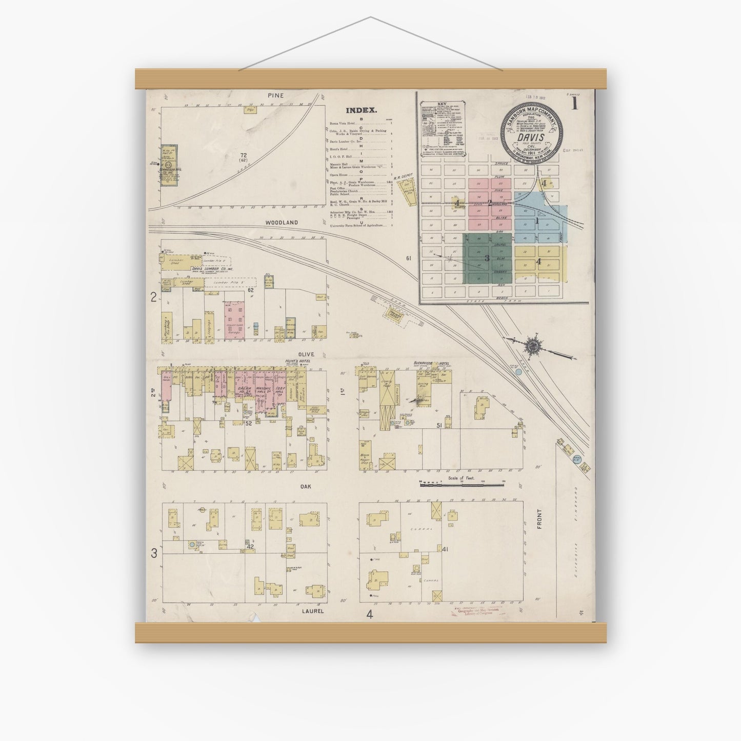Old map wall art mockup — magnetic wood frame on white wall — Sanborn Fire Insurance Map from Davis, Yolo County, California (1911) - Complete Map Set