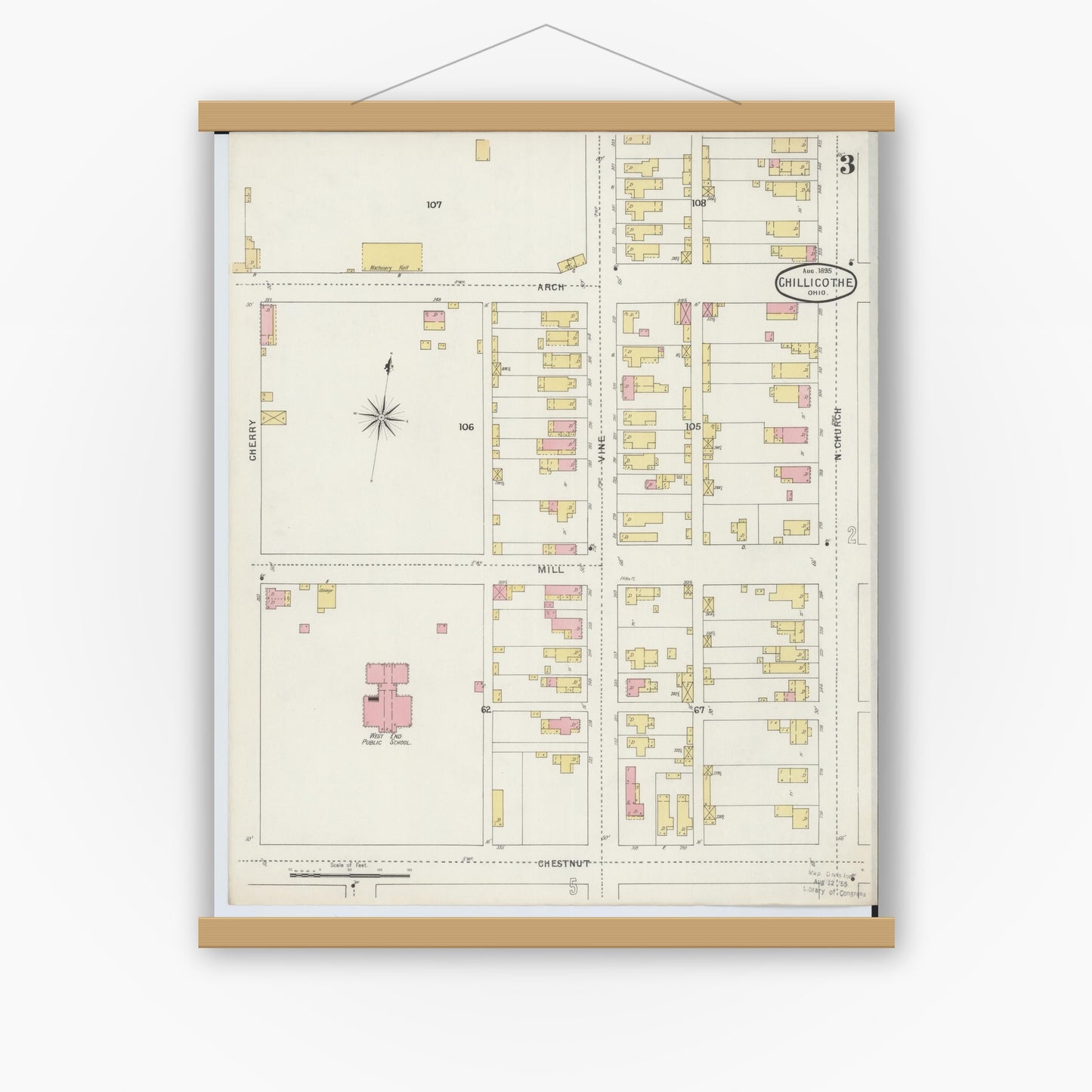 Old map wall art mockup — magnetic wood frame on white wall — Sanborn Fire Insurance Map from Chillicothe, Ross County, Ohio (1895), Sheet #0003
