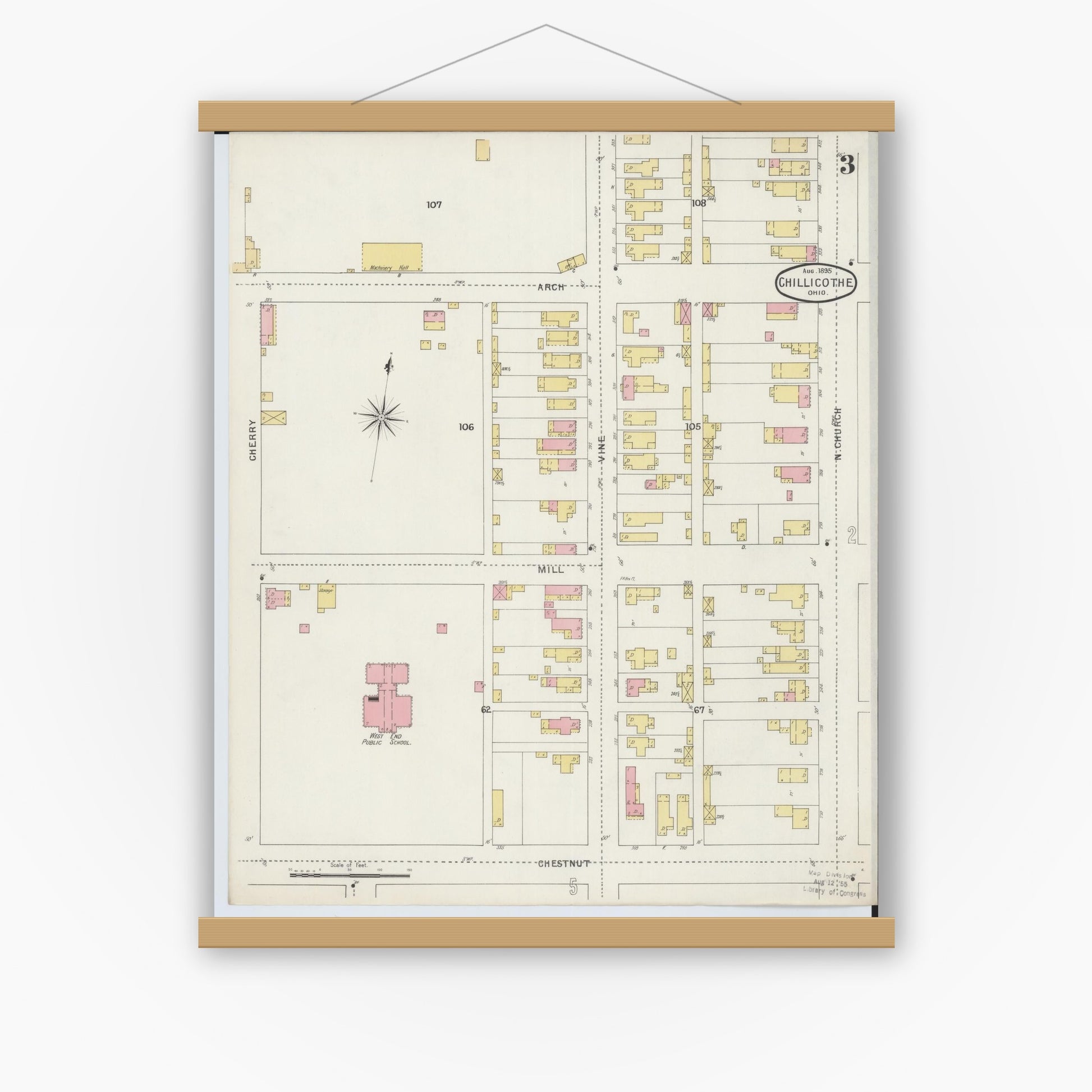 Old map wall art mockup — magnetic wood frame on white wall — Sanborn Fire Insurance Map from Chillicothe, Ross County, Ohio (1895), Sheet #0003