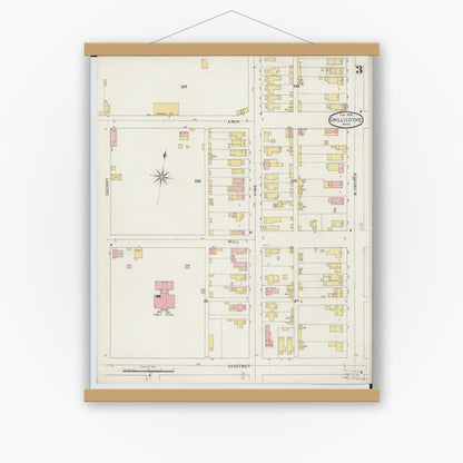 Old map wall art mockup — magnetic wood frame on white wall — Sanborn Fire Insurance Map from Chillicothe, Ross County, Ohio (1895), Sheet #0003