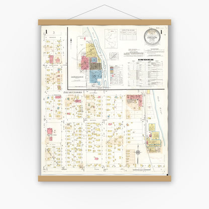 Old map wall art mockup — magnetic wood frame on white wall — Sanborn Fire Insurance Map from Oregon, Ogle County, Illinois (1943) - Complete Map Set