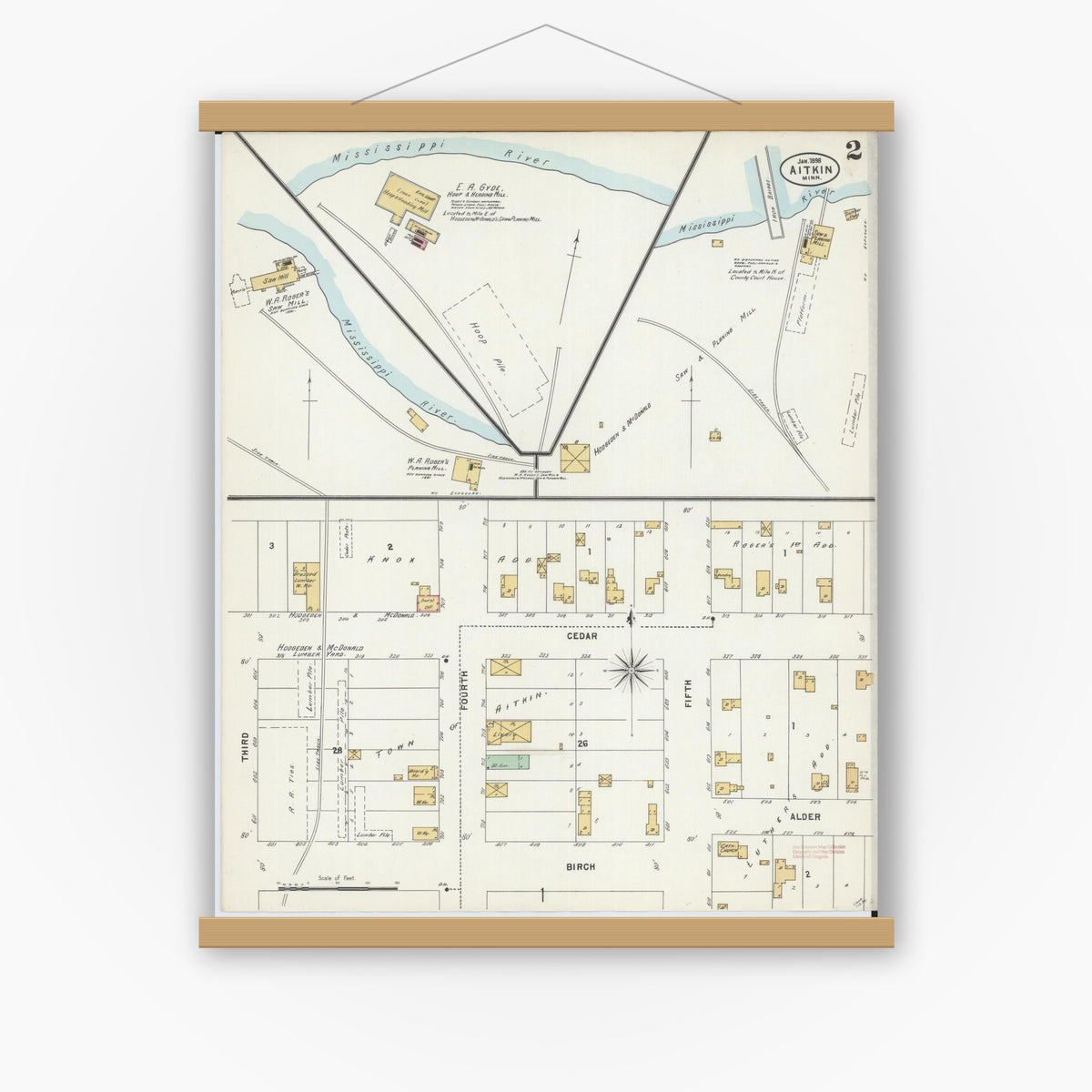 Old map wall art mockup — magnetic wood frame on white wall — Sanborn Fire Insurance Map from Aitkin, Aitkin County, Minnesota (1898), Sheet #0002