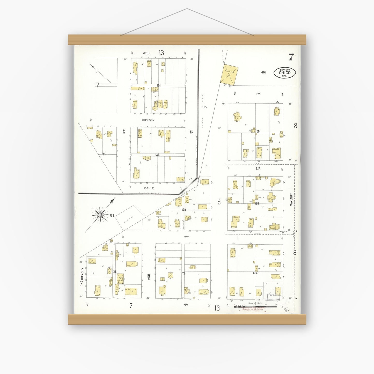 Old map wall art mockup — magnetic wood frame on white wall — Sanborn Fire Insurance Map from Chico, Butte County, California (1909), Sheet #0007