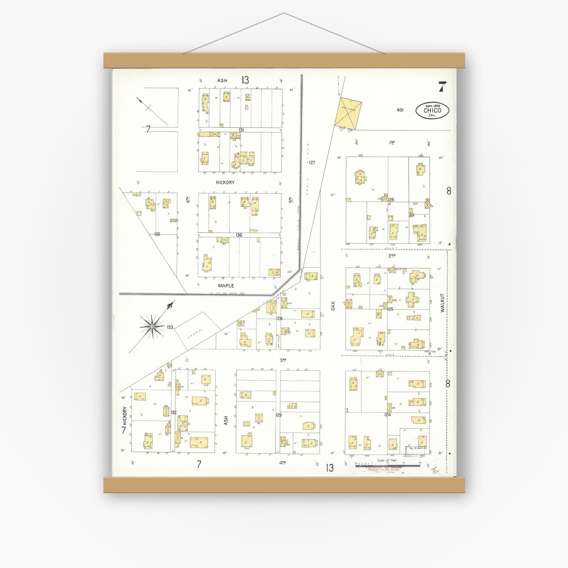 Old map wall art mockup — magnetic wood frame on white wall — Sanborn Fire Insurance Map from Chico, Butte County, California (1909), Sheet #0007