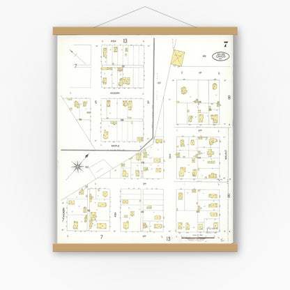 Old map wall art mockup — magnetic wood frame on white wall — Sanborn Fire Insurance Map from Chico, Butte County, California (1909), Sheet #0007