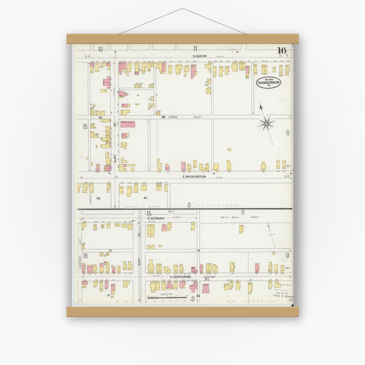 Old map wall art mockup — magnetic wood frame on white wall — Sanborn Fire Insurance Map from Chambersburg, Franklin County, Pennsylvania (1899), Sheet #0016
