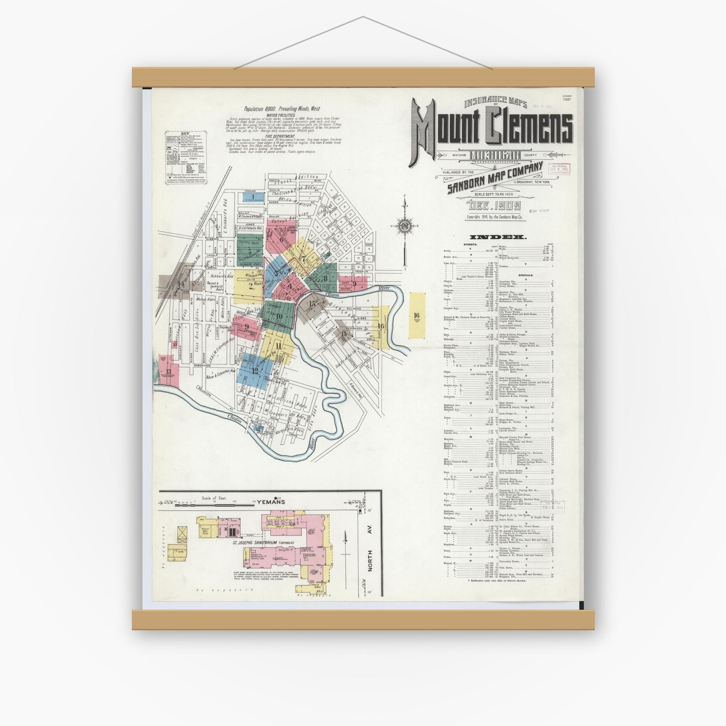 Old map wall art mockup — magnetic wood frame on white wall — Sanborn Fire Insurance Map from Mount Clemens, Macomb County, Michigan (1909), Sheet #0001