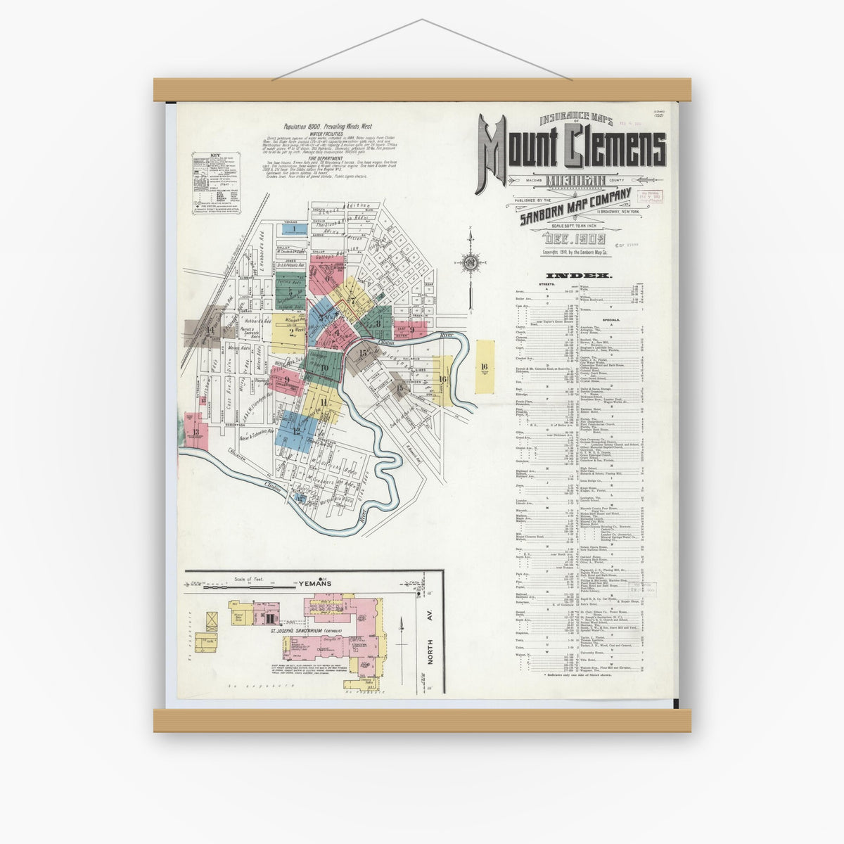 Old map wall art mockup — magnetic wood frame on white wall — Sanborn Fire Insurance Map from Mount Clemens, Macomb County, Michigan (1909), Sheet #0001