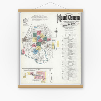 Old map wall art mockup — magnetic wood frame on white wall — Sanborn Fire Insurance Map from Mount Clemens, Macomb County, Michigan (1909), Sheet #0001