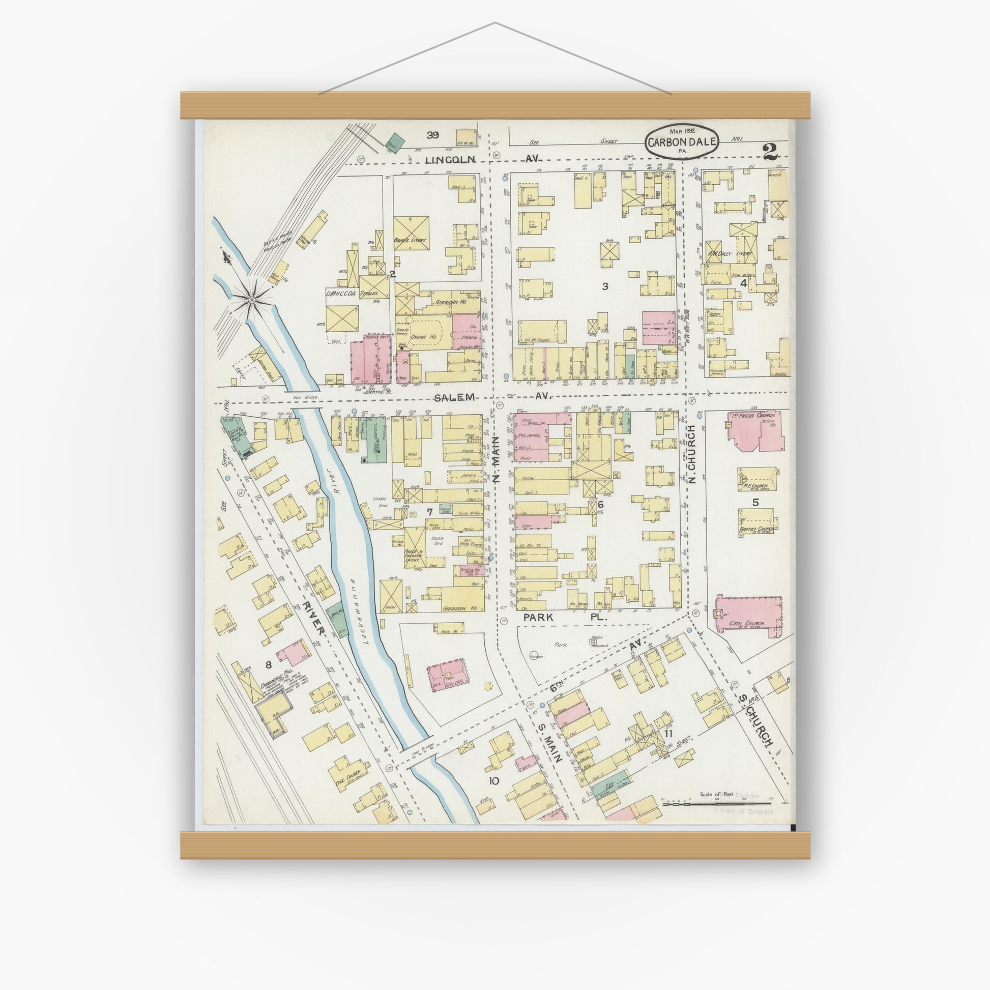 Old map wall art mockup — magnetic wood frame on white wall — Sanborn Fire Insurance Map from Carbondale, Lackawanna County, Pennsylvania (1892), Sheet #0002