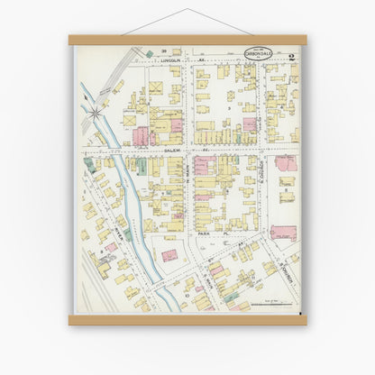Old map wall art mockup — magnetic wood frame on white wall — Sanborn Fire Insurance Map from Carbondale, Lackawanna County, Pennsylvania (1892), Sheet #0002