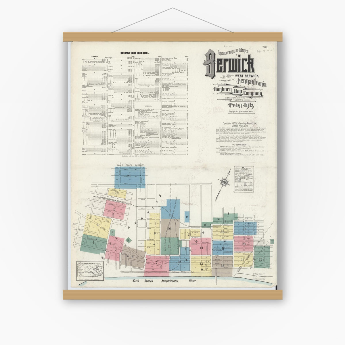 Old map wall art mockup — magnetic wood frame on white wall — Sanborn Fire Insurance Map from Berwick, Columbia County, Pennsylvania (1913) - Complete Map Set