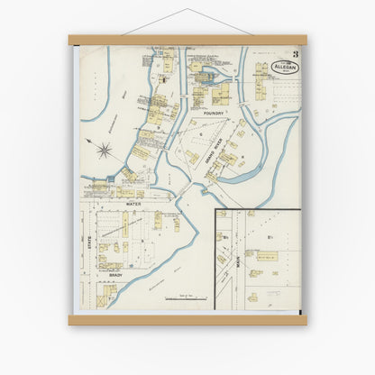 Old map wall art mockup — magnetic wood frame on white wall — Sanborn Fire Insurance Map from Allegan, Allegan County, Michigan (1888), Sheet #0003