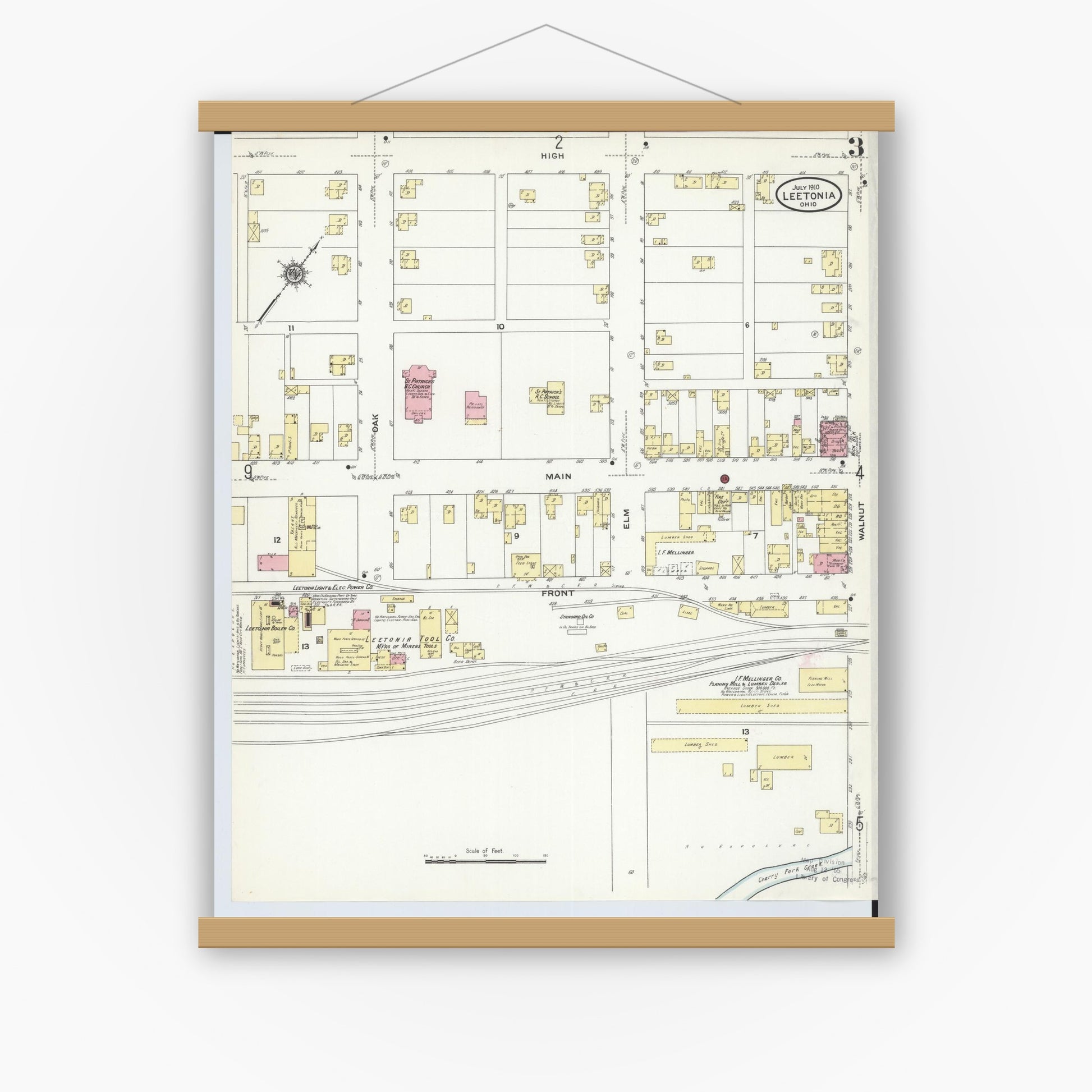 Old map wall art mockup — magnetic wood frame on white wall — Sanborn Fire Insurance Map from Leetonia, Columbiana County, Ohio (1910), Sheet #0003
