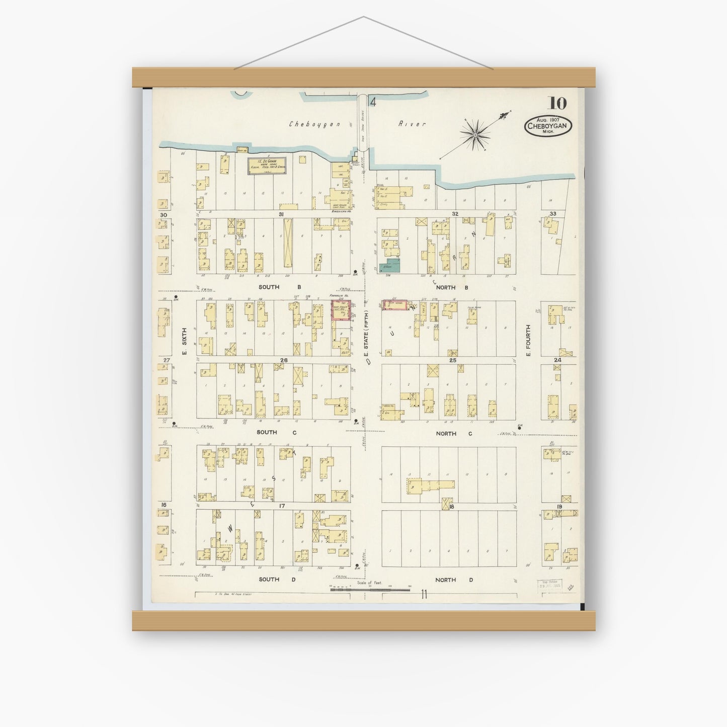 Old map wall art mockup — magnetic wood frame on white wall — Sanborn Fire Insurance Map from Cheboygan, Cheboygan County, Michigan (1907), Sheet #0010