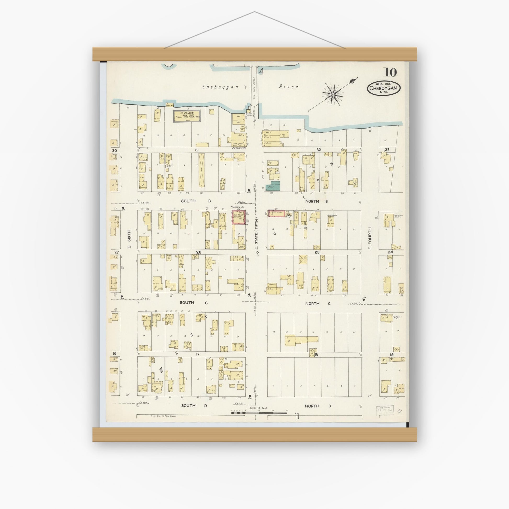 Old map wall art mockup — magnetic wood frame on white wall — Sanborn Fire Insurance Map from Cheboygan, Cheboygan County, Michigan (1907), Sheet #0010