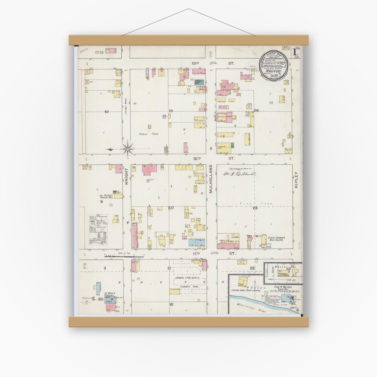 Old map wall art mockup — magnetic wood frame on white wall — Sanborn Fire Insurance Map from Nauvoo, Hancock County, Illinois (1893), Sheet #0001