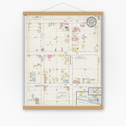 Old map wall art mockup — magnetic wood frame on white wall — Sanborn Fire Insurance Map from Nauvoo, Hancock County, Illinois (1893), Sheet #0001