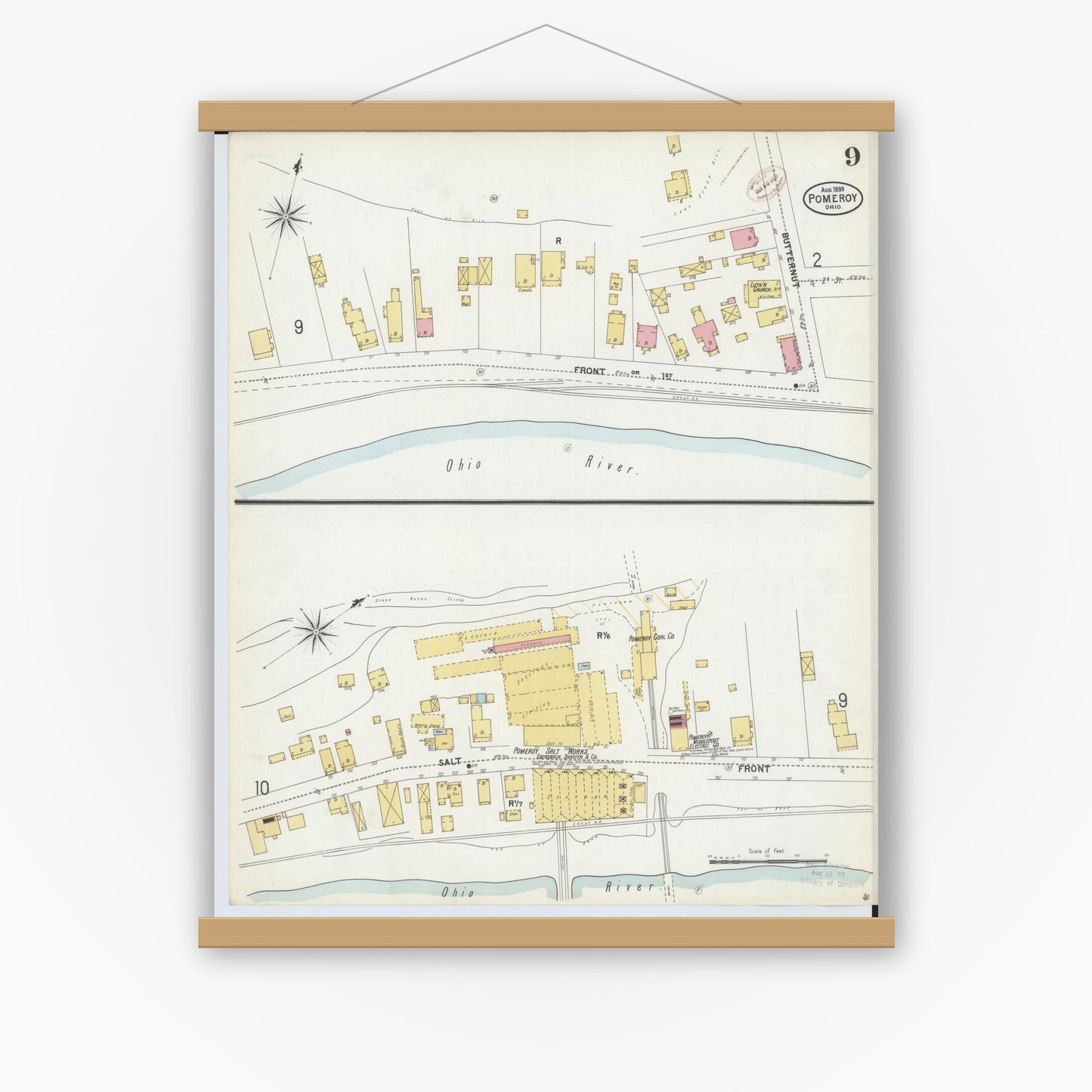 Old map wall art mockup — magnetic wood frame on white wall — Sanborn Fire Insurance Map from Pomeroy, Meigs County, Ohio (1899), Sheet #0009