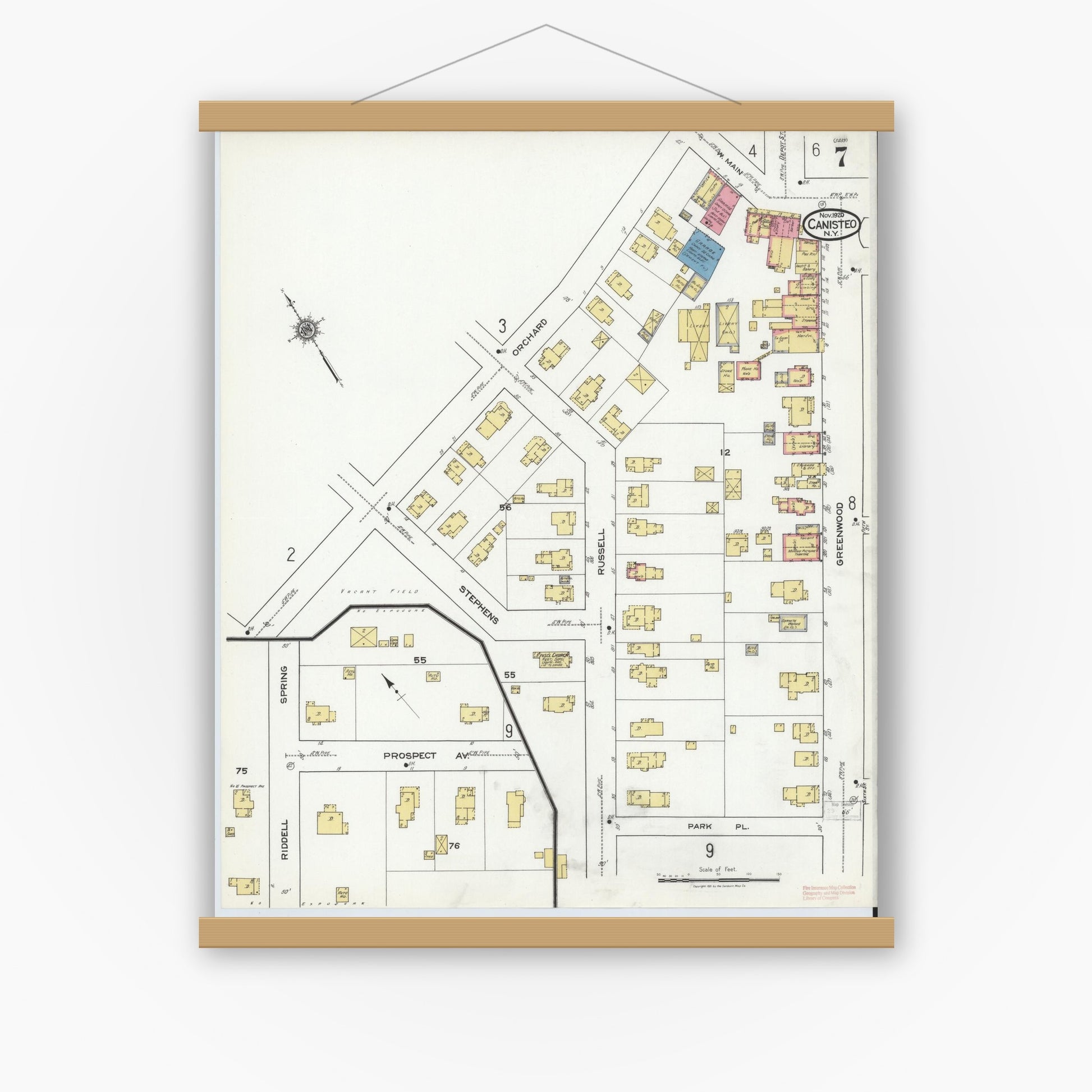 Old map wall art mockup — magnetic wood frame on white wall — Sanborn Fire Insurance Map from Canisteo, Steuben County, New York (1920), Sheet #0007