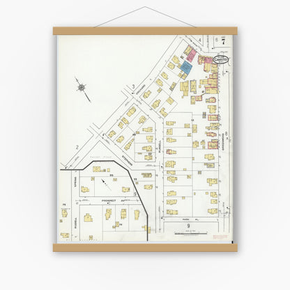 Old map wall art mockup — magnetic wood frame on white wall — Sanborn Fire Insurance Map from Canisteo, Steuben County, New York (1920), Sheet #0007