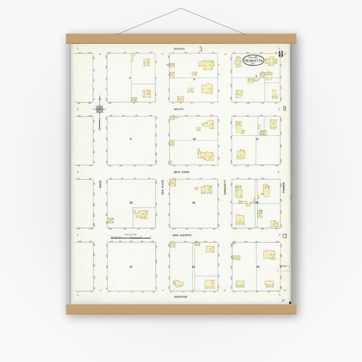 Old map wall art mockup — magnetic wood frame on white wall — Sanborn Fire Insurance Map from Henrietta, Clay County, Texas (1912), Sheet #0008