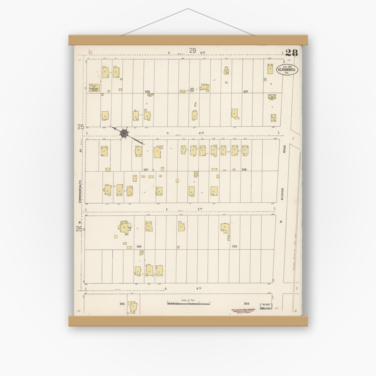 Old map wall art mockup — magnetic wood frame on white wall — Sanborn Fire Insurance Map from Alhambra, Los Angeles County, California (1912), Sheet #0028