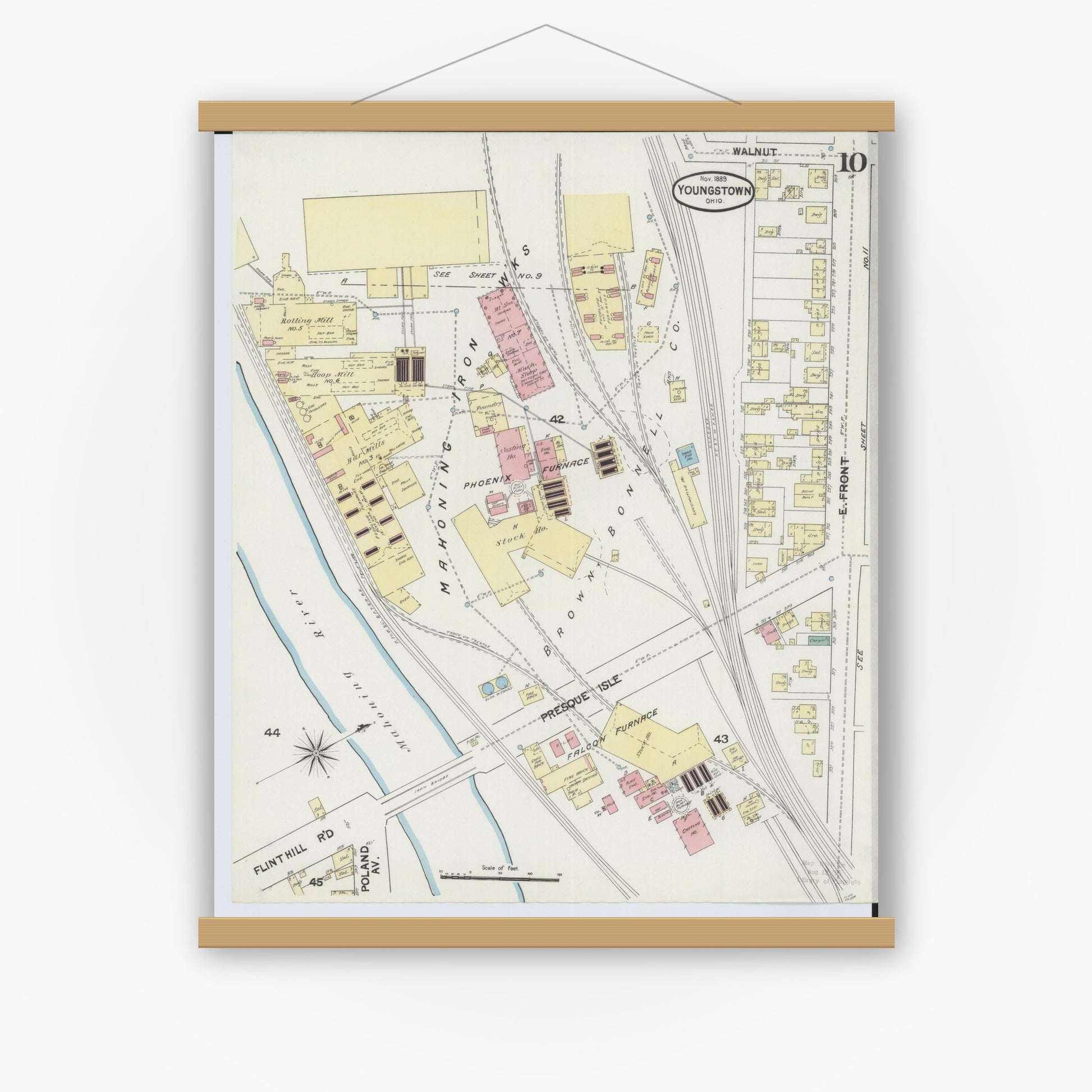 Old map wall art mockup — magnetic wood frame on white wall — Sanborn Fire Insurance Map from Youngstown, Mahoning County, Ohio (1889), Sheet #0010