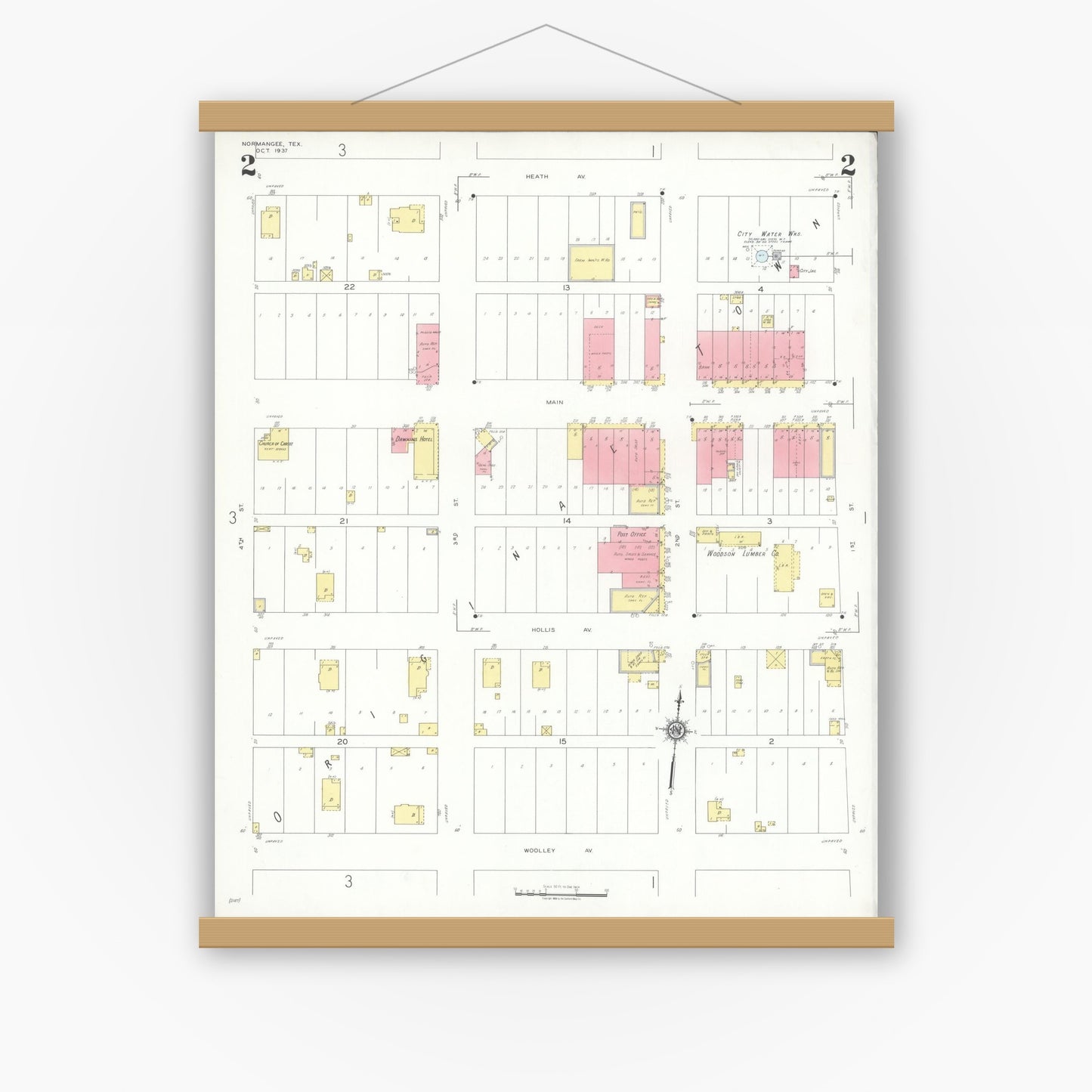 Old map wall art mockup — magnetic wood frame on white wall — Sanborn Fire Insurance Map from Normangee, Leon County, Texas (1937), Sheet #0002