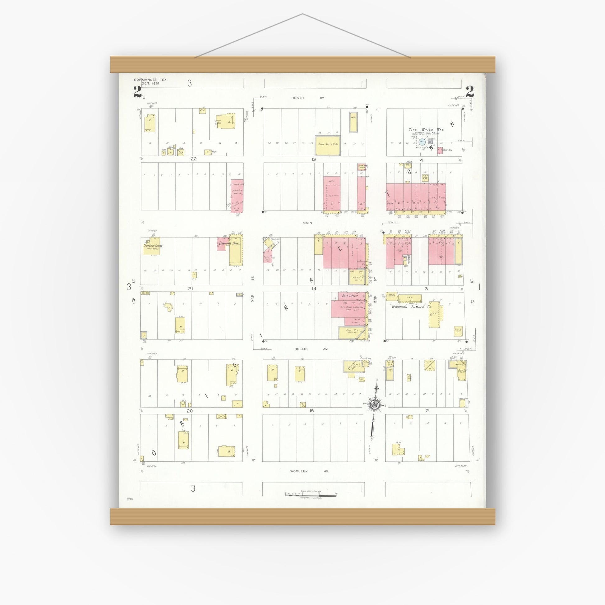 Old map wall art mockup — magnetic wood frame on white wall — Sanborn Fire Insurance Map from Normangee, Leon County, Texas (1937), Sheet #0002