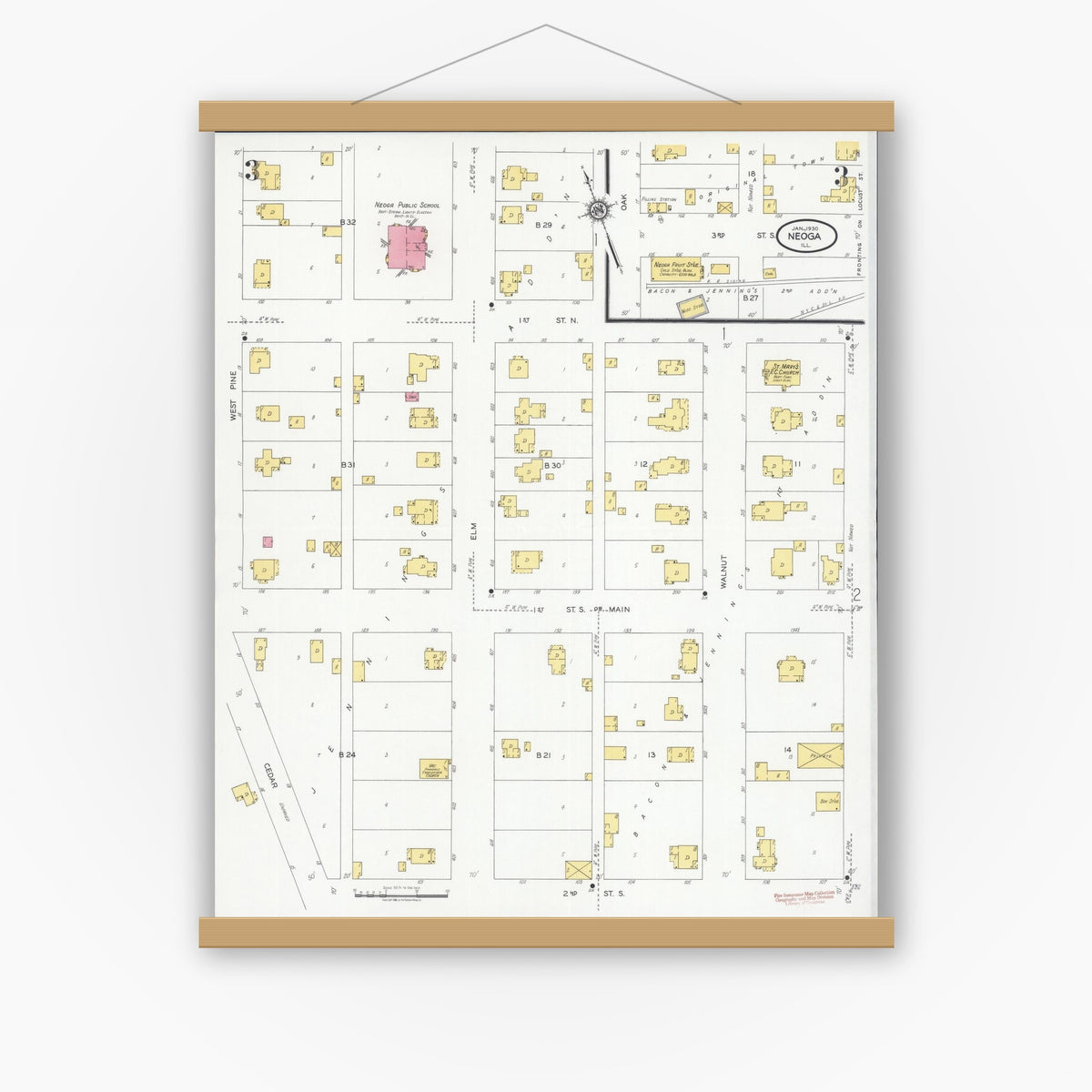 Old map wall art mockup — magnetic wood frame on white wall — Sanborn Fire Insurance Map from Neoga, Cumberland County, Illinois (1930), Sheet #0003