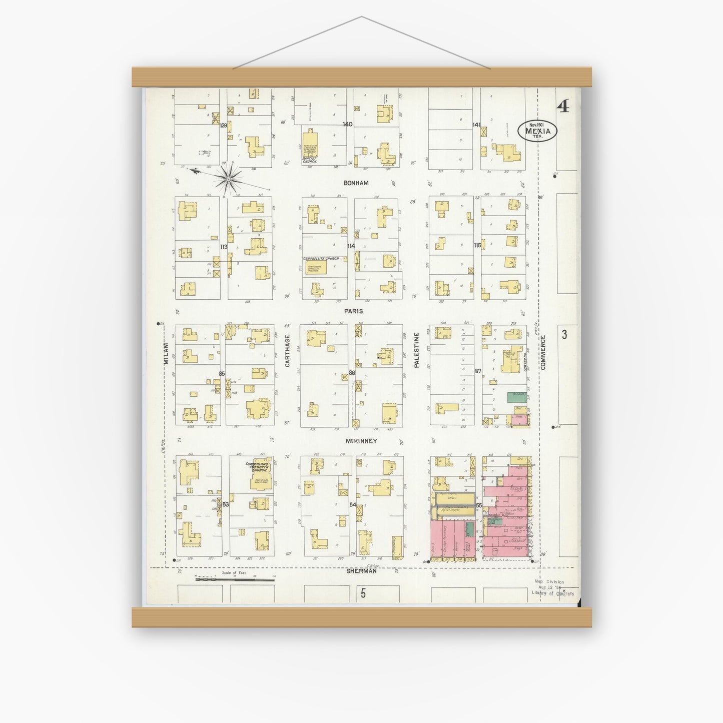 Old map wall art mockup — magnetic wood frame on white wall — Sanborn Fire Insurance Map from Mexia, Limestone County, Texas (1901), Sheet #0004