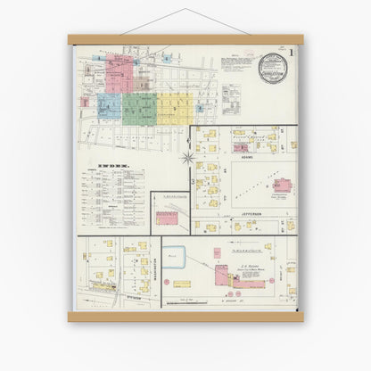 Old map wall art mockup — magnetic wood frame on white wall — Sanborn Fire Insurance Map from Charleston, Coles County, Illinois (1896) - Complete Map Set