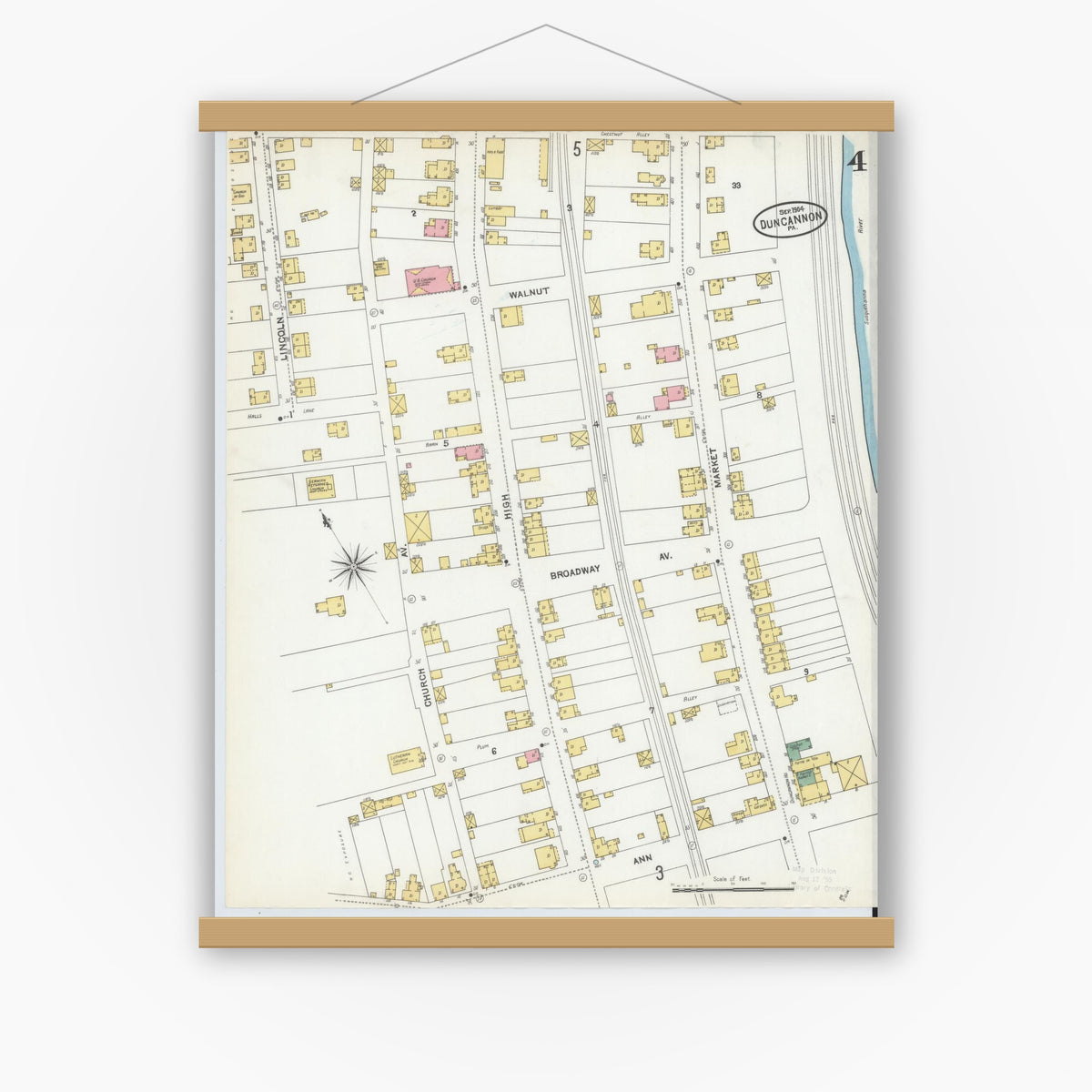 Old map wall art mockup — magnetic wood frame on white wall — Sanborn Fire Insurance Map from Duncannon, Perry County, Pennsylvania (1904), Sheet #0004