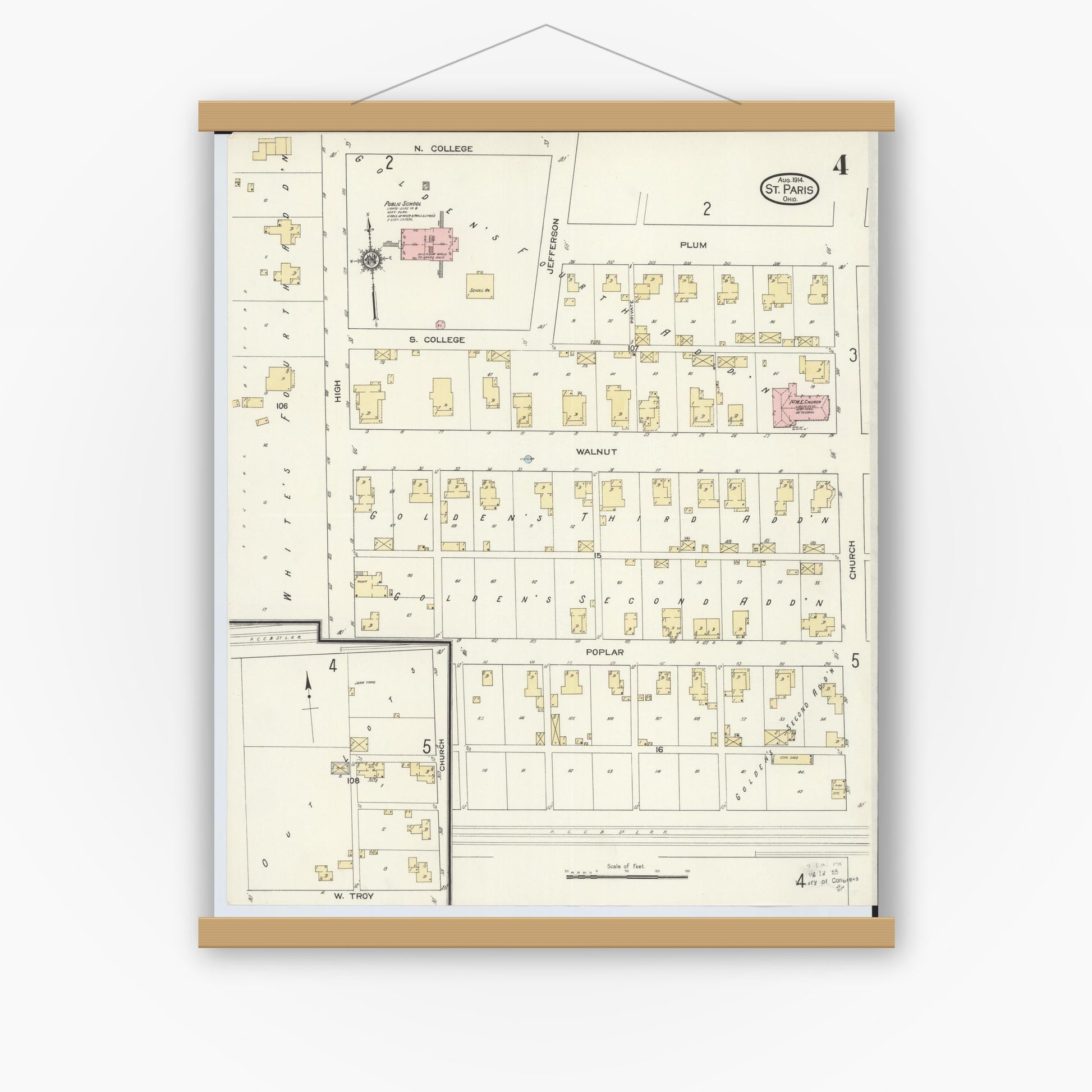 Old map wall art mockup — magnetic wood frame on white wall — Sanborn Fire Insurance Map from Saint Paris, Champaign County, Ohio (1914), Sheet #0004