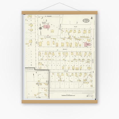 Old map wall art mockup — magnetic wood frame on white wall — Sanborn Fire Insurance Map from Saint Paris, Champaign County, Ohio (1914), Sheet #0004