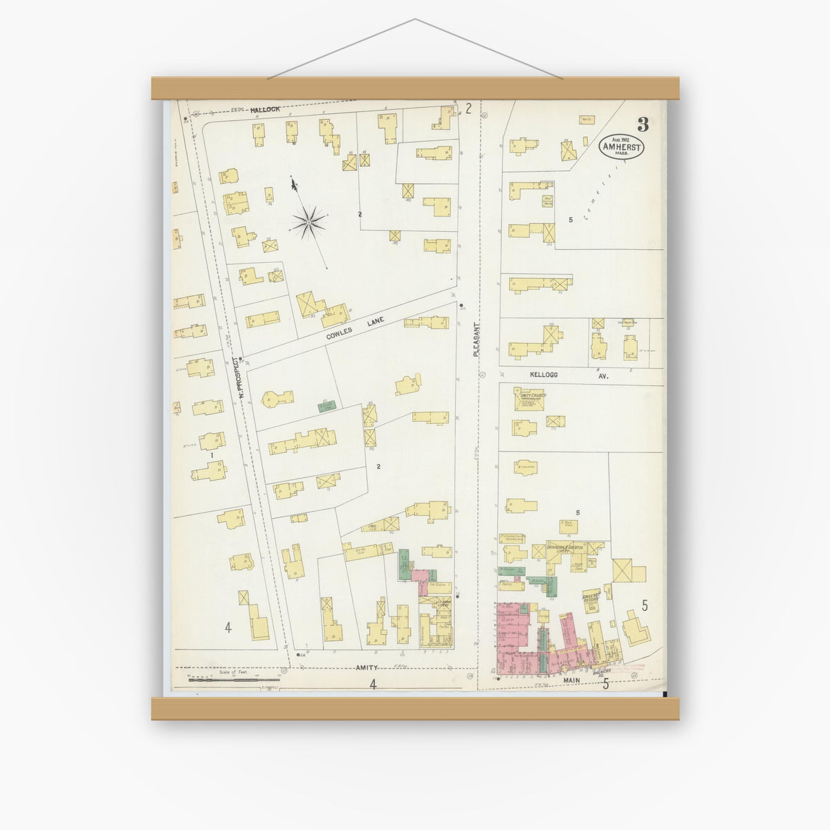 Old map wall art mockup — magnetic wood frame on white wall — Sanborn Fire Insurance Map from Amherst, Hampshire County, Massachusetts (1902), Sheet #0003