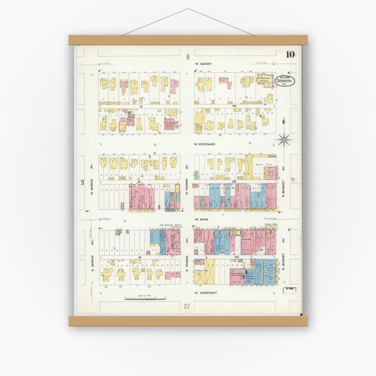 Old map wall art mockup — magnetic wood frame on white wall — Sanborn Fire Insurance Map from Denison, Grayson County, Texas (1908), Sheet #0010
