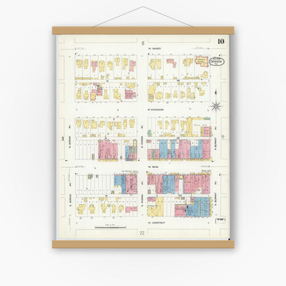 Old map wall art mockup — magnetic wood frame on white wall — Sanborn Fire Insurance Map from Denison, Grayson County, Texas (1908), Sheet #0010