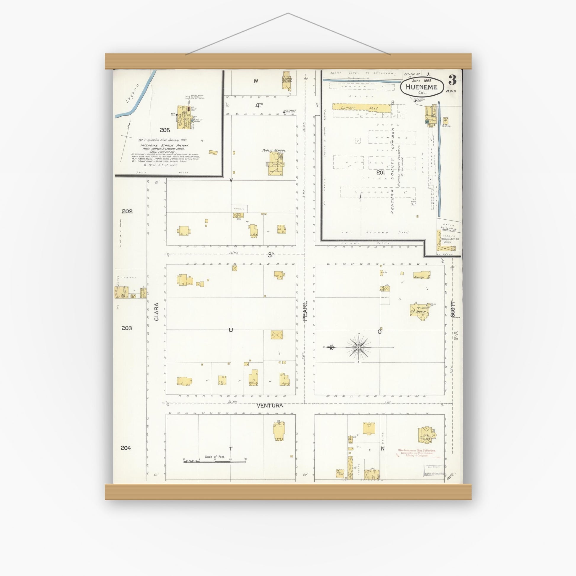 Old map wall art mockup — magnetic wood frame on white wall — Sanborn Fire Insurance Map from Hueneme, Ventura County, California (1895), Sheet #0003