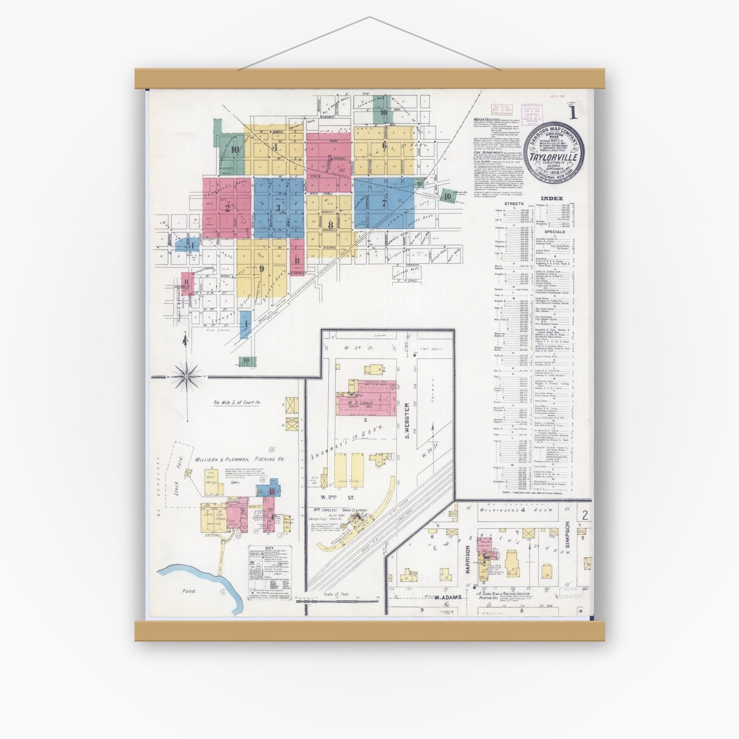 Old map wall art mockup — magnetic wood frame on white wall — Sanborn Fire Insurance Map from Taylorville, Christian County, Illinois (1906) - Complete Map Set