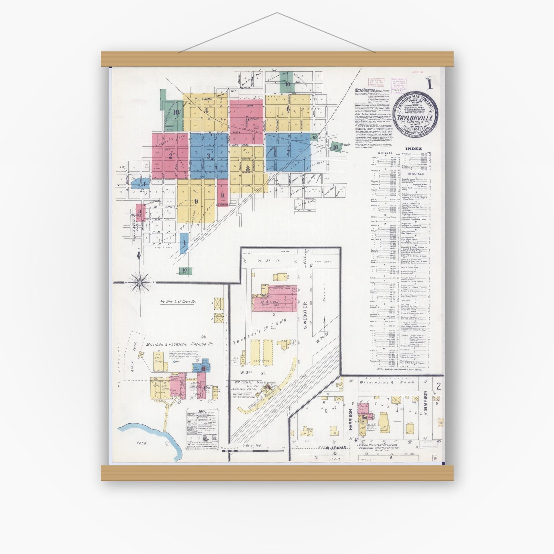 Old map wall art mockup — magnetic wood frame on white wall — Sanborn Fire Insurance Map from Taylorville, Christian County, Illinois (1906) - Complete Map Set